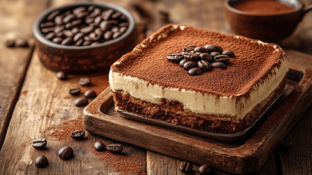 Italian tiramisu dessert with cocoa powder and coffee beans on a rustic wooden table.の素材