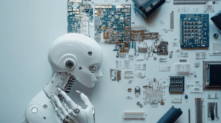 Flat lay of artificial intelligence concept with digital elements, copy space on the right.の素材