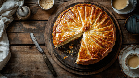 French galette des rois with almond cream filling on a rustic wooden table.の素材