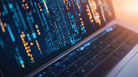 Flat lay of a laptop with binary code overlay, ample copy space on the left.の素材