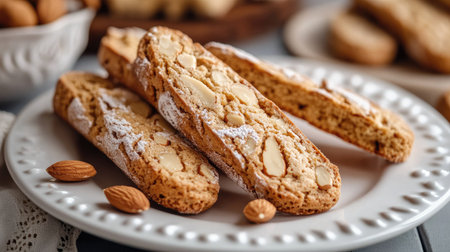 Italian biscotti cookies with almonds on a white plate.の素材