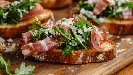 Italian bruschetta with prosciutto, arugula, and Parmesan on a wooden board.の素材