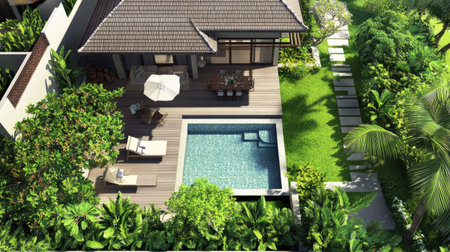 Top view of a luxurious villa with a pool and greenery, with plenty of room for copy spaceの素材