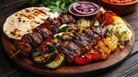 Turkish kebab with grilled vegetables and flatbread on a wooden platter.の素材