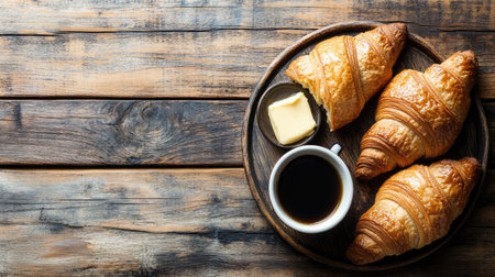 Top view of French croissants with a cup of coffee and a butter dish on a rustic wooden table.の素材