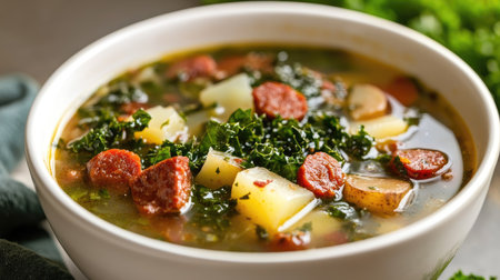 Portuguese caldo verde soup with kale, potatoes, and chorizo in a white bowl.の素材