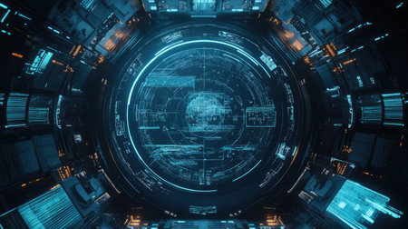 Top view of a futuristic holographic interface with copy space in the center.の素材