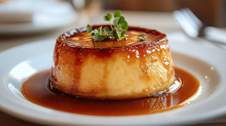 Spanish flan with caramel sauce on a white plate.の素材