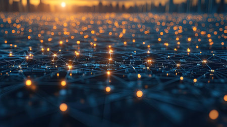 Top view of a digital network with connected nodes and copy space in the center.の素材