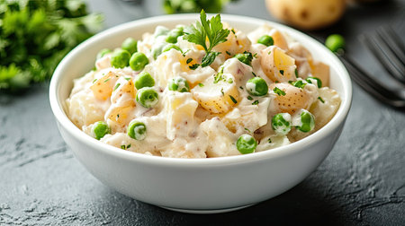 Spanish ensaladilla rusa with potatoes, peas, and mayonnaise in a white bowl.の素材