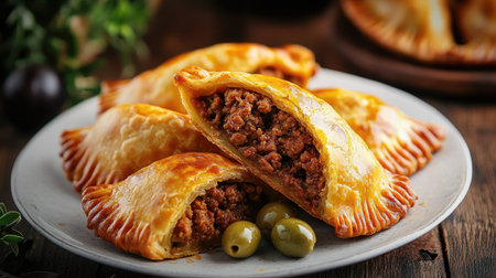 Spanish empanadas with minced meat and olives on a white plate.の素材