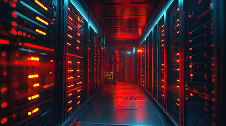 Top view of a server room visualization with plenty of copy space on the left.の素材