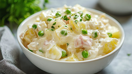Spanish ensaladilla rusa with potatoes, peas, and mayonnaise in a white bowl.の素材
