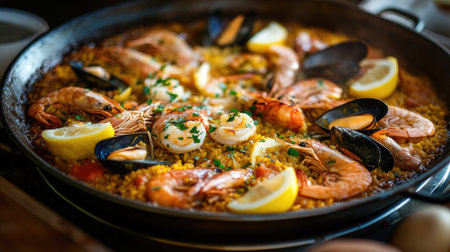 Spanish paella with seafood, saffron rice, and fresh lemon wedges in a large pan.の素材