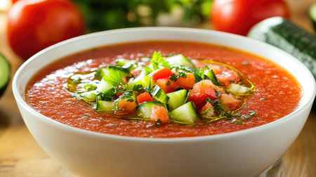 Spanish gazpacho soup with fresh tomatoes, cucumbers, and olive oil in a white bowl.の素材