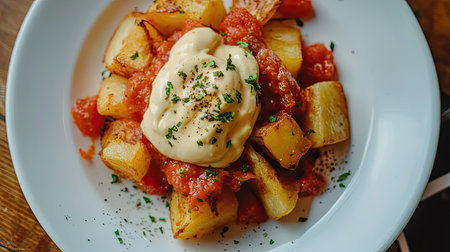 Spanish patatas bravas with spicy tomato sauce and aioli on a white plate.の素材