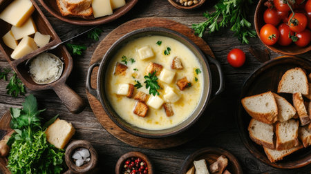 Swiss fondue with melted cheese, bread cubes, and vegetables on a rustic table.の素材