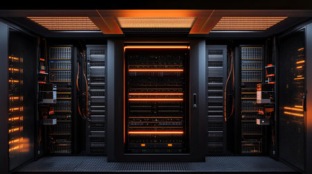 Top view of a server room visualization with plenty of copy space on the left.の素材