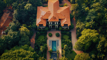 Top view of a luxurious estate with a sprawling garden, perfect for real estate textの素材