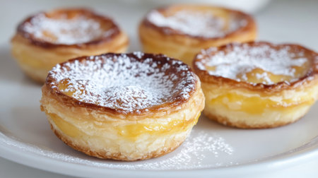 Portuguese pastel de nata custard tarts with powdered sugar on a white plate.の素材
