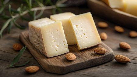 Spanish manchego cheese with quince paste and almonds on a wooden board.の素材