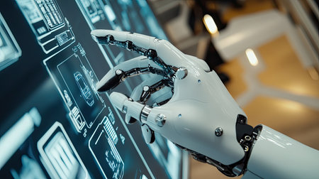 Top view of a robot hand interacting with a digital screen, with copy space on the right.の素材