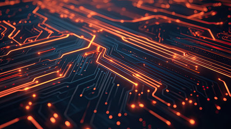 Top view of a circuit board pattern with glowing lines, ample copy space on the left.の素材
