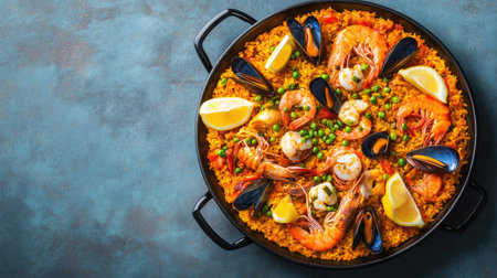 Spanish paella with seafood, saffron rice, and fresh lemon wedges in a large pan.の素材