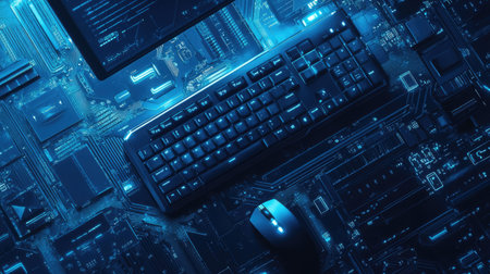 Top view of a computer keyboard and mouse on a futuristic tech surface, with copy space in the center.の素材