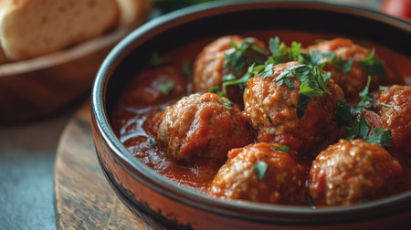 Spanish albondigas meatballs in a rich tomato sauce in a rustic bowl.の素材