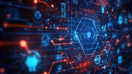 Top view of cybersecurity icons on a digital background, with copy space on the right side.の素材