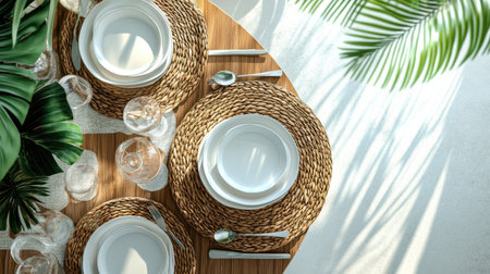 Dining table set with plates and glasses, top view, clean space for brandingの素材