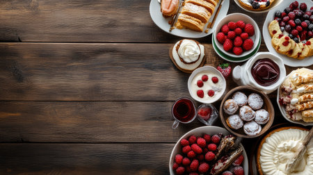 Dining table with a dessert spread, top view, lots of space for textの素材