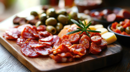 Spanish tapas assortment with olives, chorizo, and cheese on a wooden board.の素材