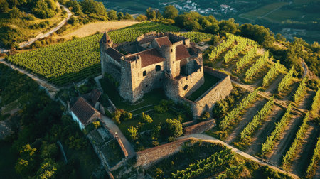 Top view of a castle with sprawling vineyards, perfect for wine-themed textの素材