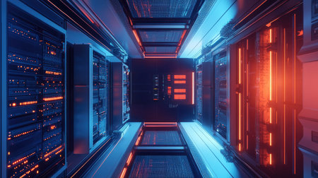 Top view of a server room visualization with plenty of copy space on the left.の素材