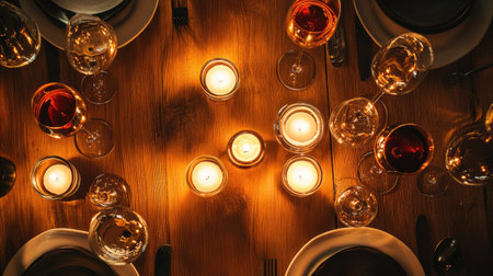 Dining table with candles and wine glasses, top view, lots of space for textの素材