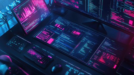 Top view of a coding workspace with a digital interface, copy space on the left side.の素材