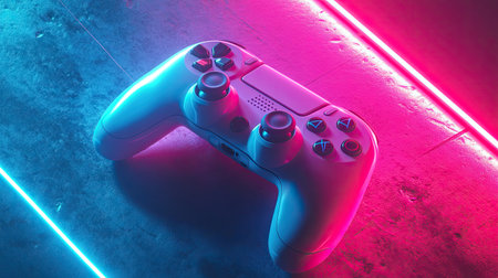 Top view of a gaming controller on a neon tech background, with plenty of copy space on the left.の素材