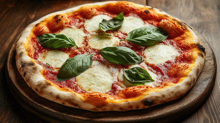 Traditional Italian pizza margherita with fresh basil leaves and mozzarella cheese on a wooden board.の素材