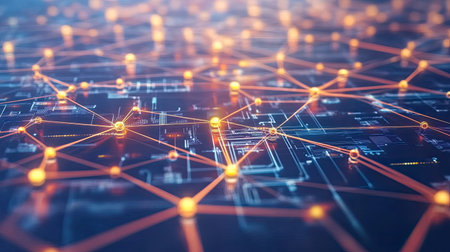 Top view of a digital network with connected nodes and copy space in the center.の素材