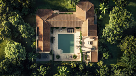Top view of a luxurious villa with a pool and greenery, with plenty of room for copy spaceの素材