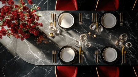 Dining table with a formal setting, top view, clean space for brandingの素材