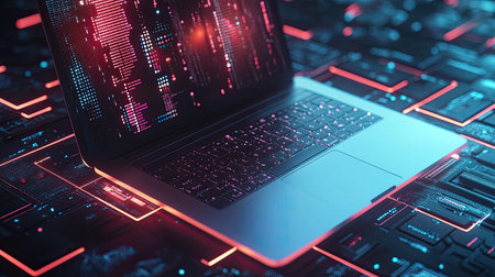 Top view of a sleek laptop on a glowing tech background, with copy space on the right.の素材