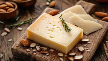 Spanish manchego cheese with quince paste and almonds on a wooden board.の素材