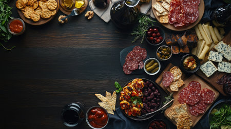 Dining table with a spread of appetizers, top view, empty space for copyの素材