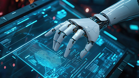 Top view of a robot hand interacting with a digital screen, with copy space on the right.の素材