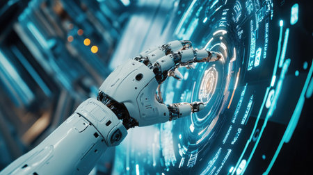 Top view of a robot hand interacting with a digital screen, with copy space on the right.の素材