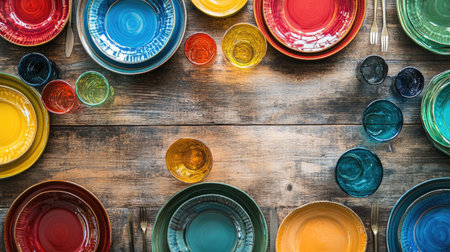 Dining table with colorful plates and glasses, top view, lots of copy space for textの素材