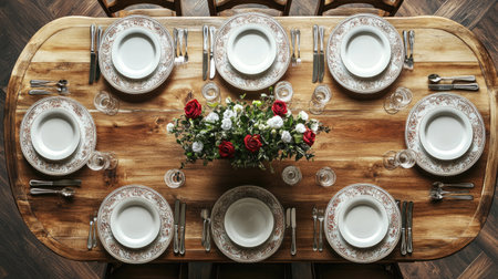 Dining table with a formal setting, top view, clean space for brandingの素材